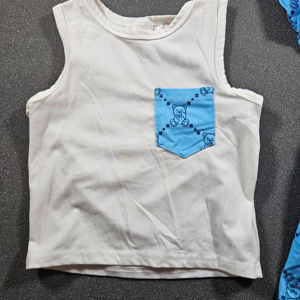 Toddler 3Pc Teddy Bear Outfit Set 9-12M Blue Shorts Hat Summer